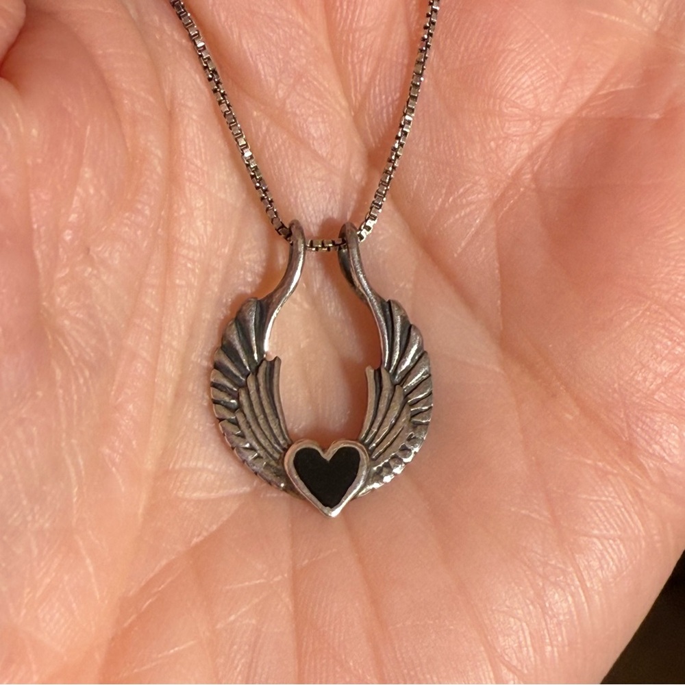 Vintage sterling silver Bikercore Winged angel Black heart Necklace cosplay 18